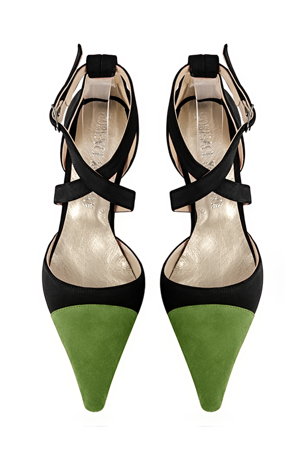 Grass green and matt black women's open side shoes, with crossed straps. Pointed toe. Medium spool heels. Top view - Florence KOOIJMAN